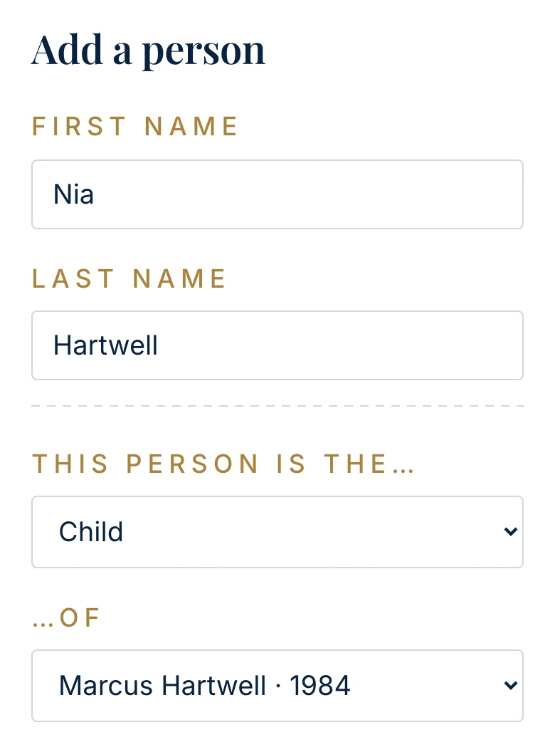 Adding a person: Nia typed as the first name and Hartwell as the last, and below them, This person is the Child of Marcus Hartwell.