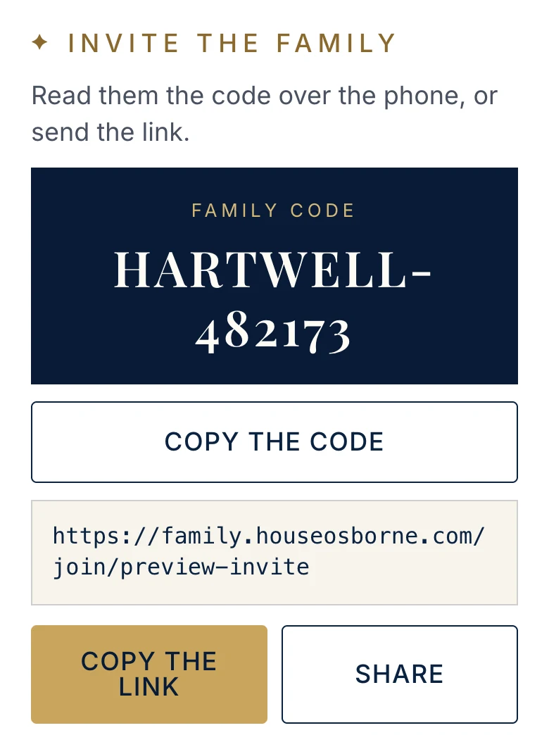 Invite the family: the family code in large letters, Copy the code, the invite link, and the Copy the link and Share buttons.