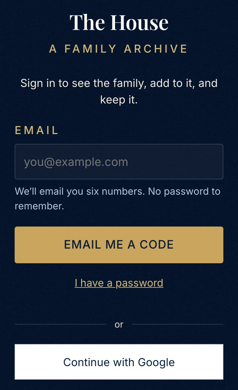 The sign-in screen: a box for your email, the Email me a code button, and Continue with Google at the bottom.