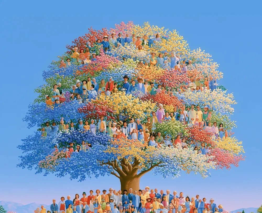 A painting of a great tree in blossom, its branches full of people of every culture and generation, with families gathered beneath it.
